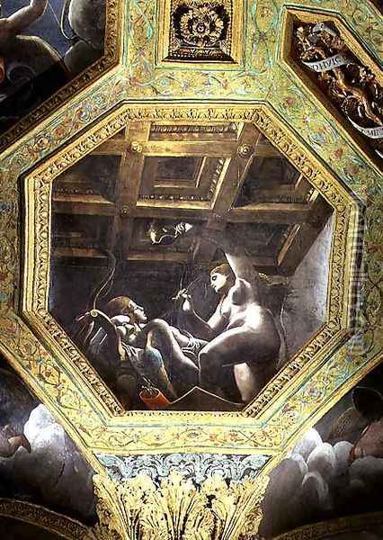 Psyche sees Cupid while he sleeps, ceiling caisson from the Sala di Amore e Psiche, 1528 Oil Painting - Giulio Romano (Orbetto)